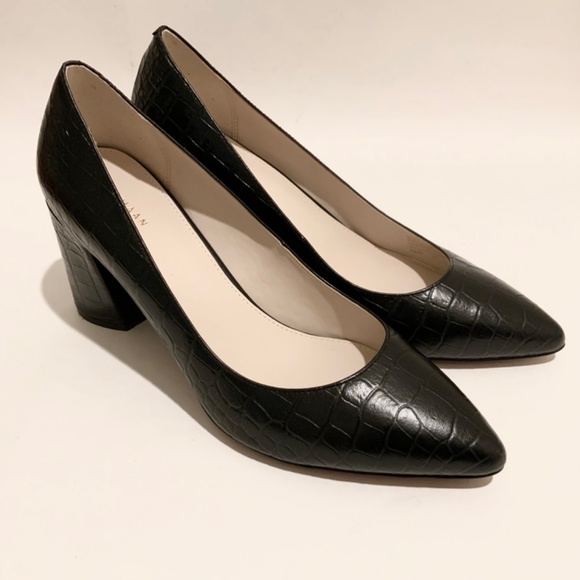 Cole Haan Karena Black Leather Pump Crocodile Print Leather Block Heel Shoes 10 - Picture 12 of 14